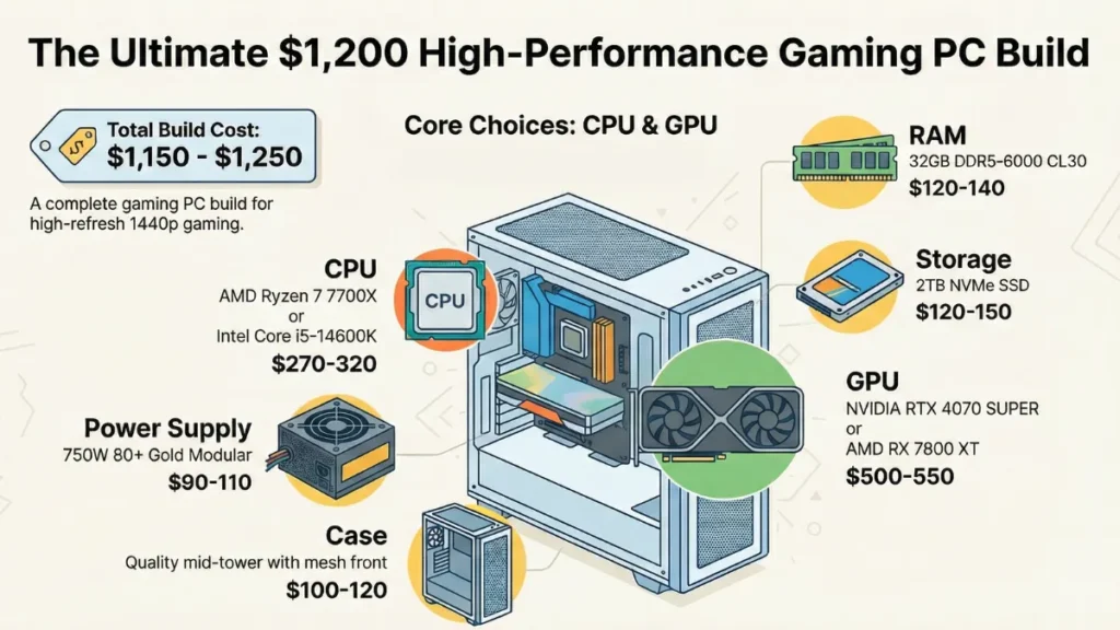 $1,200 high-performance 1440p gaming PC build with RTX 4070 SUPER or RX 7800 XT and Ryzen 7 7700X