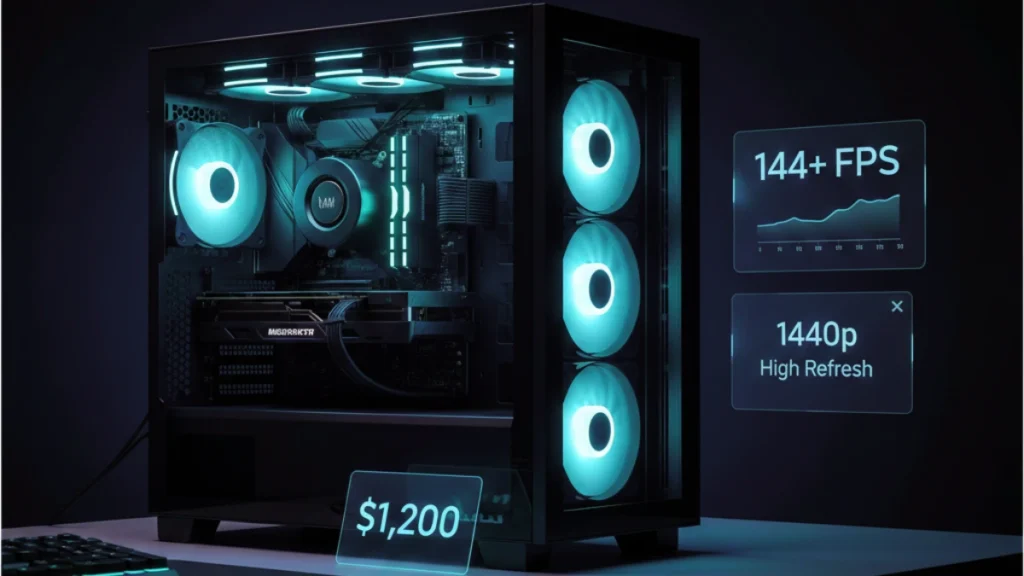 1440p gaming PC build with tempered glass case, RGB airflow fans, powerful GPU, and clean high-performance setup