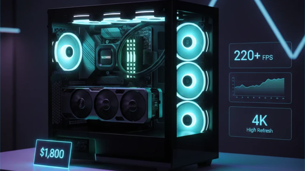 High-refresh 1440p gaming PC build with tempered glass case, powerful GPU, clean RGB cooling, and premium gaming desk setup