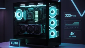High-refresh 1440p gaming PC build with tempered glass case, powerful GPU, clean RGB cooling, and premium gaming desk setup