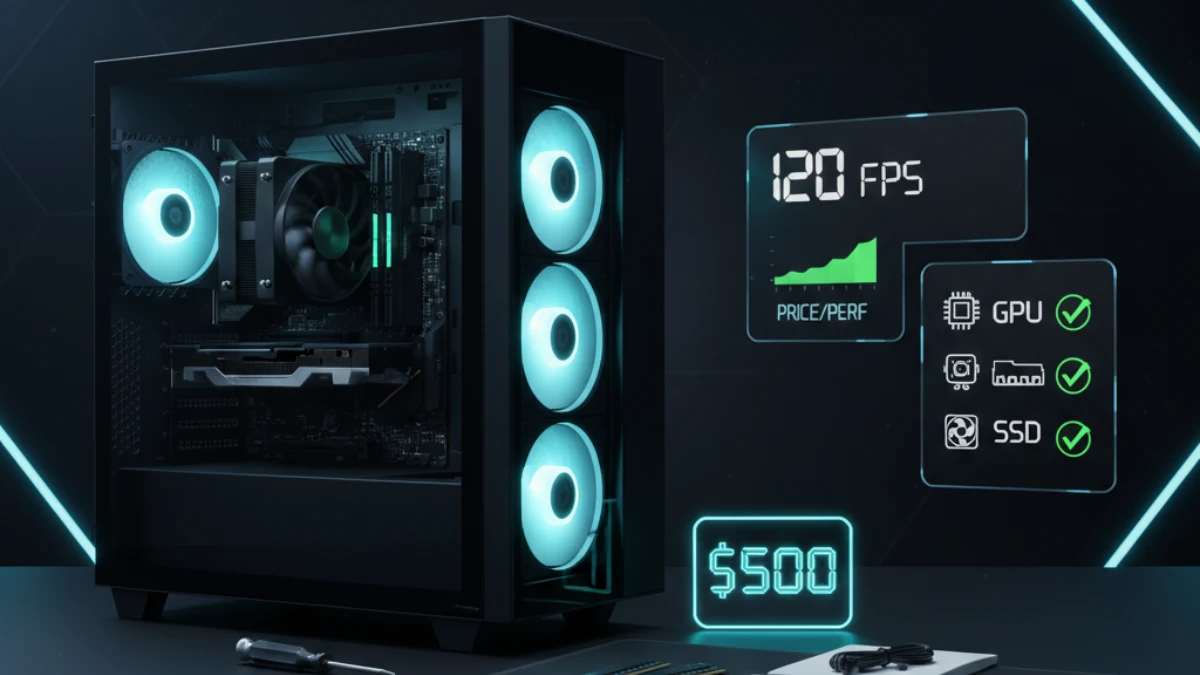 $500 budget gaming PC build for 2026 featuring PC components and performance overlays