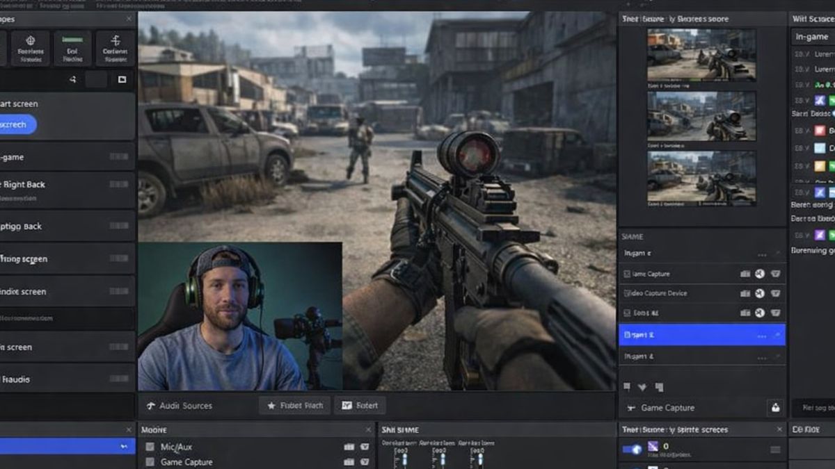 A live gaming stream setup showing a first-person shooter game captured in OBS Studio, with a streamer’s webcam overlay and audio sources visible on screen.