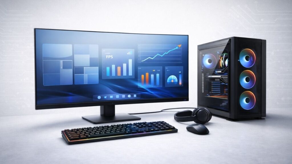 Windows 11 gaming PC setup with performance optimization and system monitoring visuals