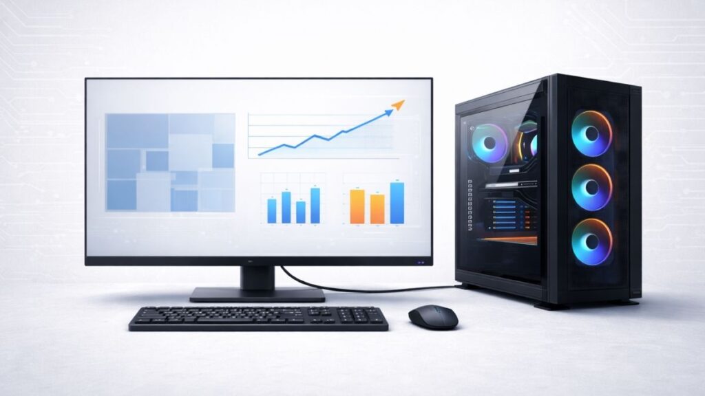 Optimized Windows gaming PC setup with performance monitoring visuals