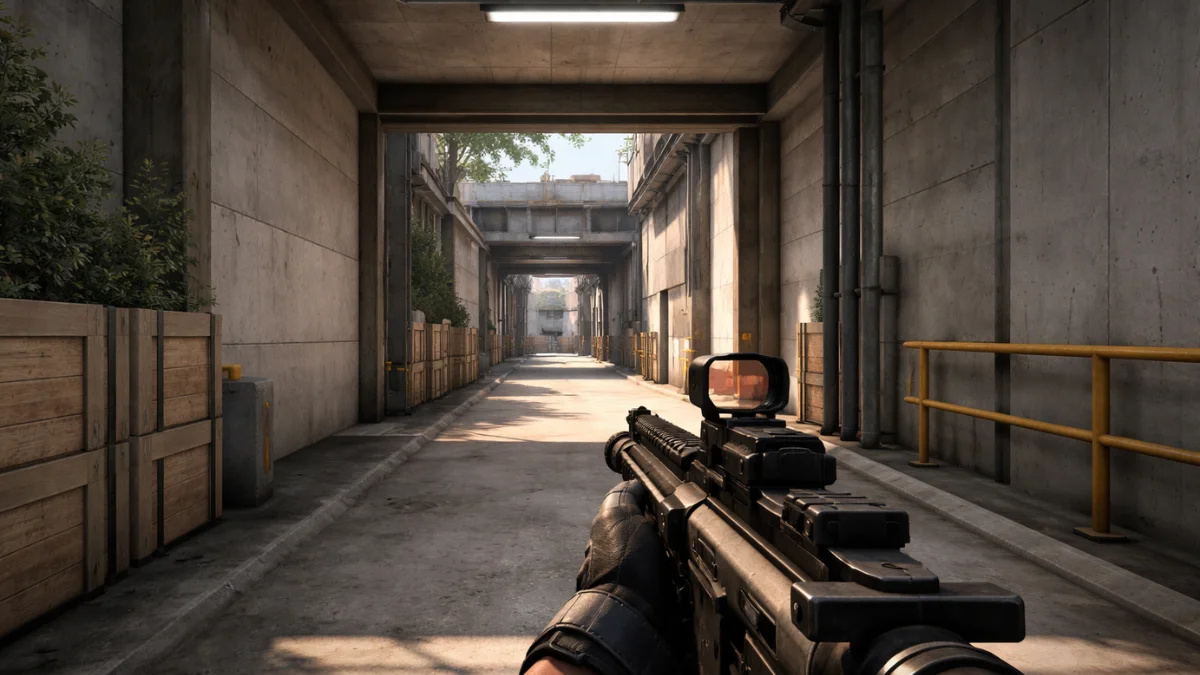 first-person competitive fps gameplay showing optimized cs2 performance in an urban corridor