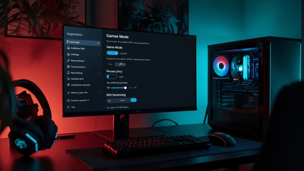 Gaming PC setup showing Windows graphics settings screen with game mode and GPU scheduling options