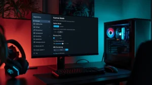 Gaming PC setup showing Windows graphics settings screen with game mode and GPU scheduling options