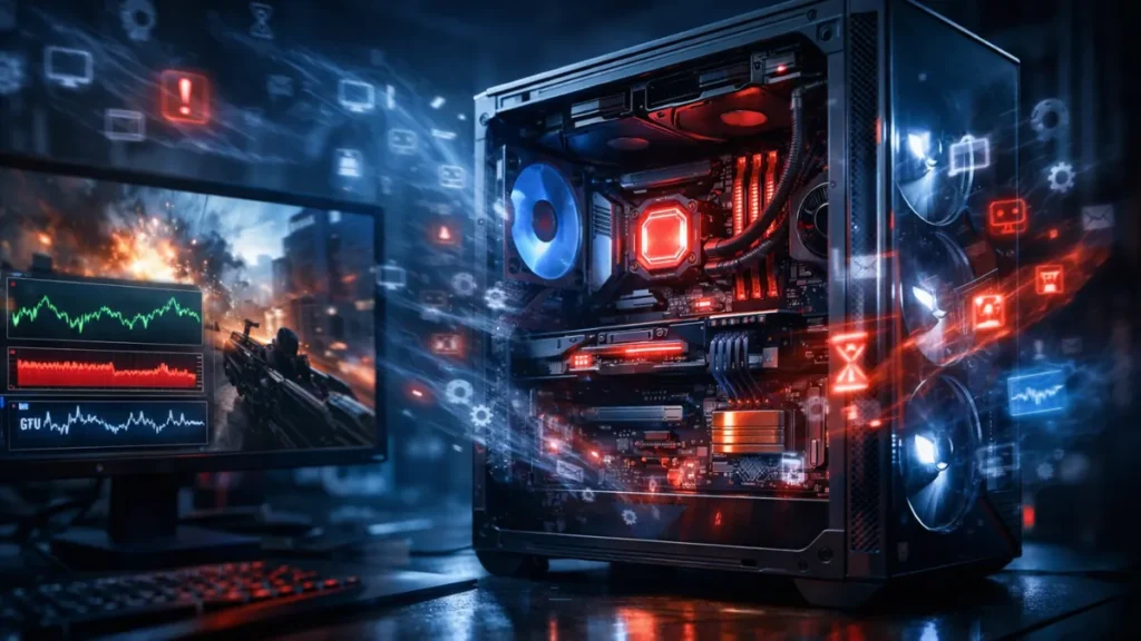 Ultra-detailed gaming PC under heavy load with glowing CPU and GPU, surrounded by background processes competing for system resources and affecting game performance