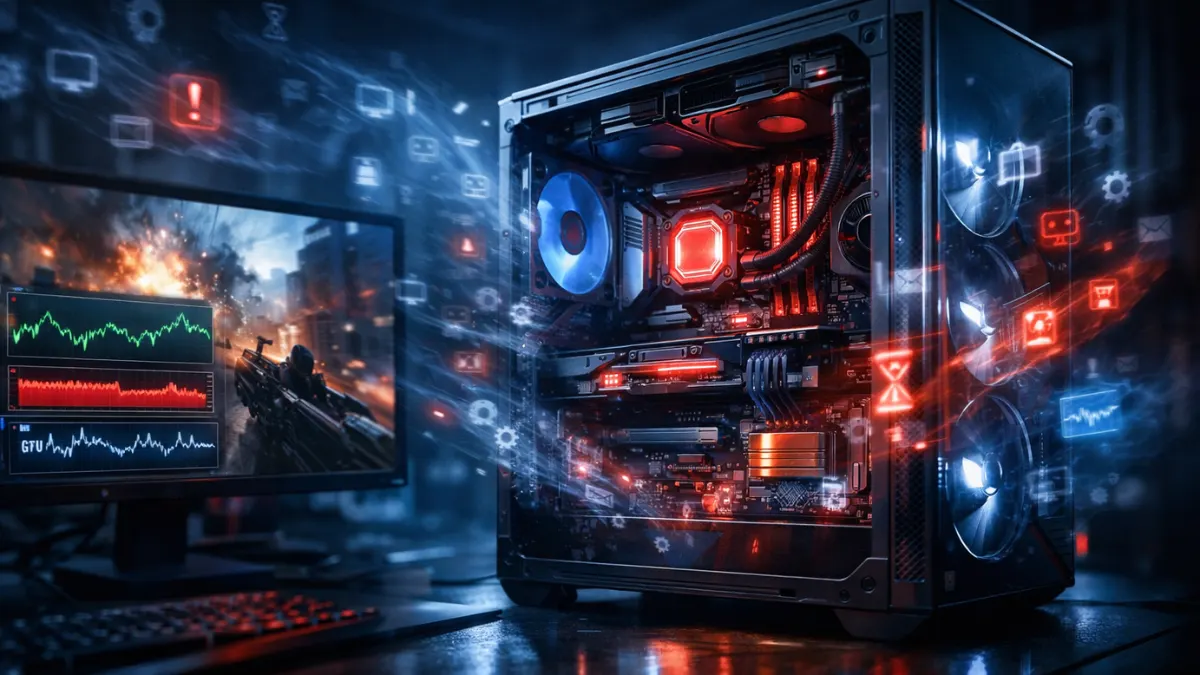 Ultra-detailed gaming PC under heavy load with glowing CPU and GPU, surrounded by background processes competing for system resources and affecting game performance