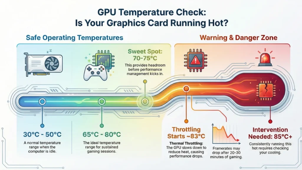GPU temperature ranges infographic showing safe, optimal, and throttling zones