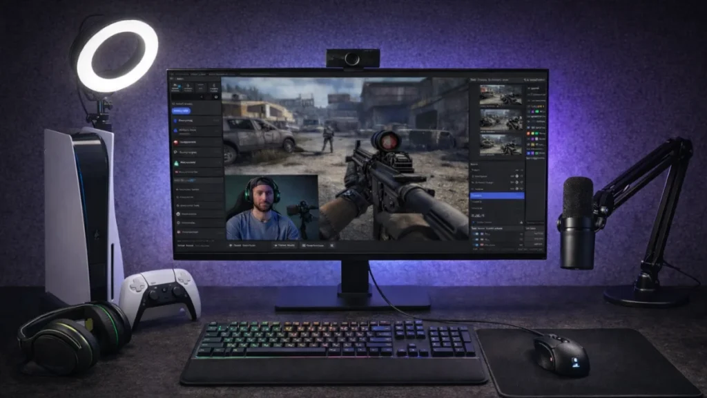 OBS Studio gaming setup showing a first-person shooter stream with webcam overlay and optimized audio sources for high-performance streaming.