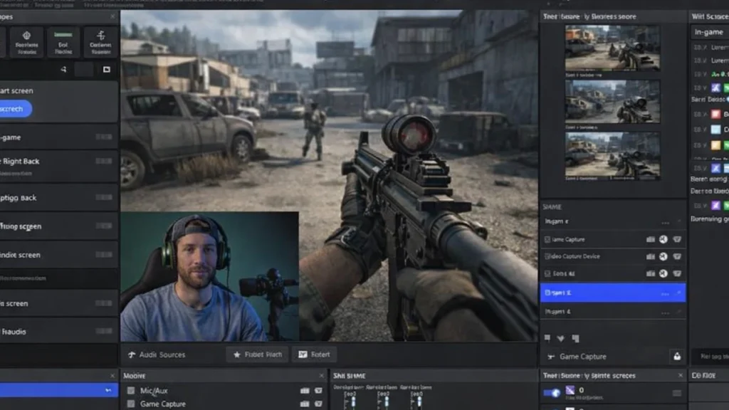 A live gaming stream setup showing a first-person shooter game captured in OBS Studio, with a streamer’s webcam overlay and audio sources visible on screen.