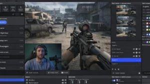 A live gaming stream setup showing a first-person shooter game captured in OBS Studio, with a streamer’s webcam overlay and audio sources visible on screen.