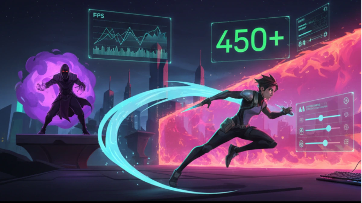 Valorant optimization guide artwork showing FPS graph, 450+ counter, and settings sliders with fast-moving agent