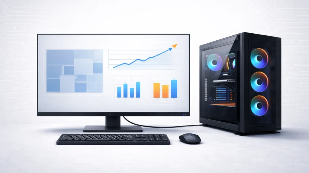 Optimized Windows gaming PC setup with performance monitoring visuals