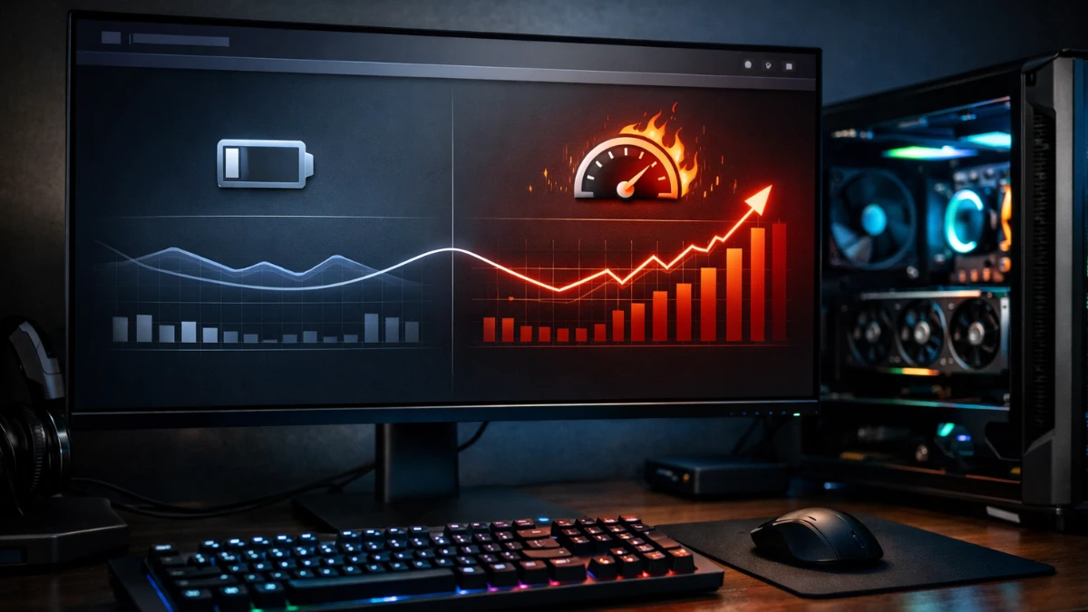 Gaming PC desk setup showing power and performance modes for Windows power plan optimization