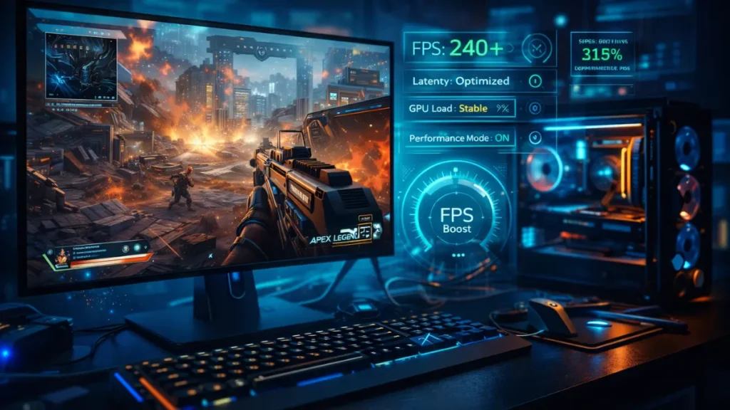 High-end PC gaming setup running Apex Legends with 240+ FPS performance optimization overlay