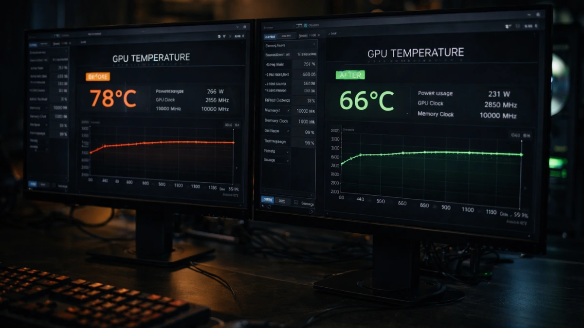 Dual monitor setup showing GPU temperatures before and after undervolting optimization