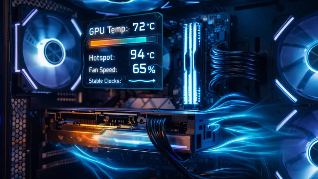 Gaming PC interior showing optimized GPU cooling with mesh airflow case, RGB fans, visible airflow, and stable GPU temperatures during gaming