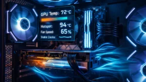 Gaming PC interior showing optimized GPU cooling with mesh airflow case, RGB fans, visible airflow, and stable GPU temperatures during gaming