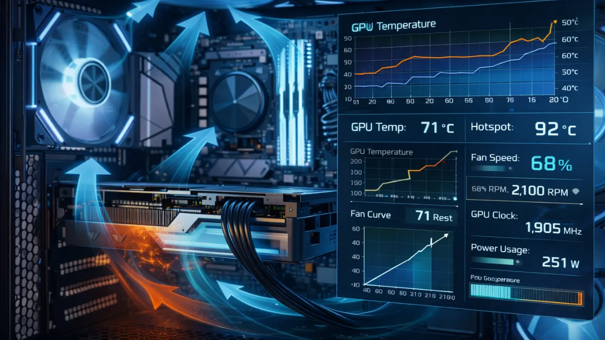 GPU temperature monitoring inside a gaming PC showing airflow paths, fan curve graph, hotspot temperature, and cooling optimization
