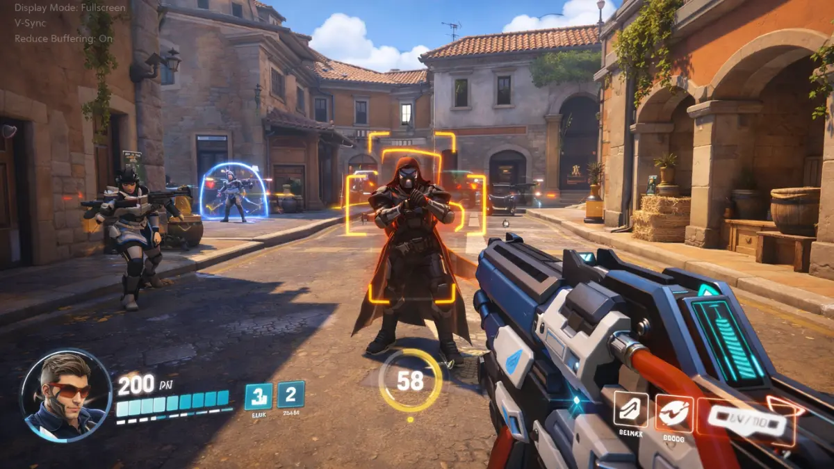 Overwatch 2 competitive gameplay showing clean visuals, clear hitboxes, and high FPS with fullscreen mode and reduce buffering enabled.