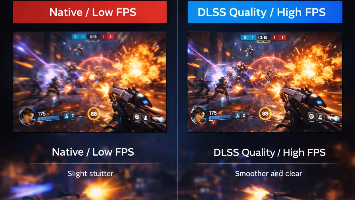 Side-by-side Overwatch 2 gameplay comparison showing native low FPS with blur versus DLSS quality high FPS with sharper visuals.
