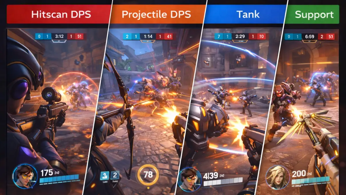 Split-screen Overwatch 2 gameplay showing hitscan DPS, projectile DPS, tank, and support roles with role-specific performance and visual priorities.