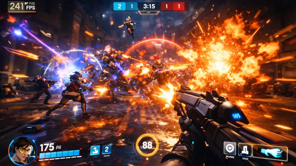 Overwatch 2 intense team fight with explosions and ultimate abilities running smoothly at high FPS with competitive performance settings.