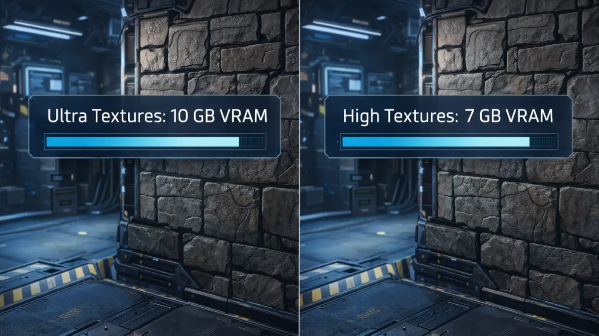 Side-by-side comparison of Ultra and High texture quality showing similar visuals but different VRAM usage in a PC game
