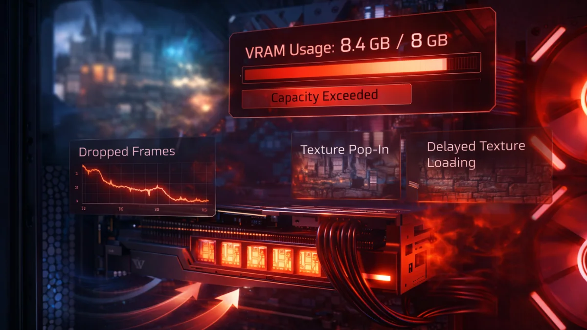 Gaming PC showing VRAM capacity exceeded with stuttering, dropped frames, texture pop-in, and delayed texture loading