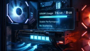Gaming PC GPU showing VRAM usage at 7.6GB of 8GB with stable performance and no stuttering during gameplay