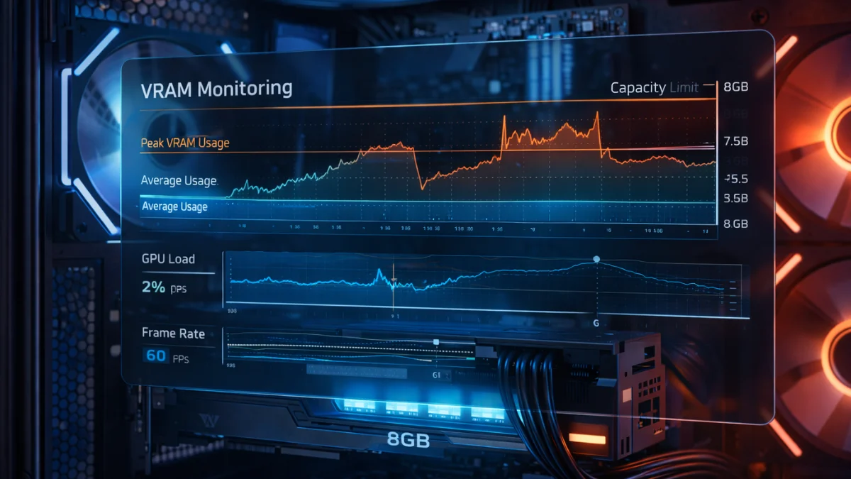 VRAM usage monitoring during gameplay showing peak memory spikes, average usage, capacity limit, GPU load, and stable frame rate