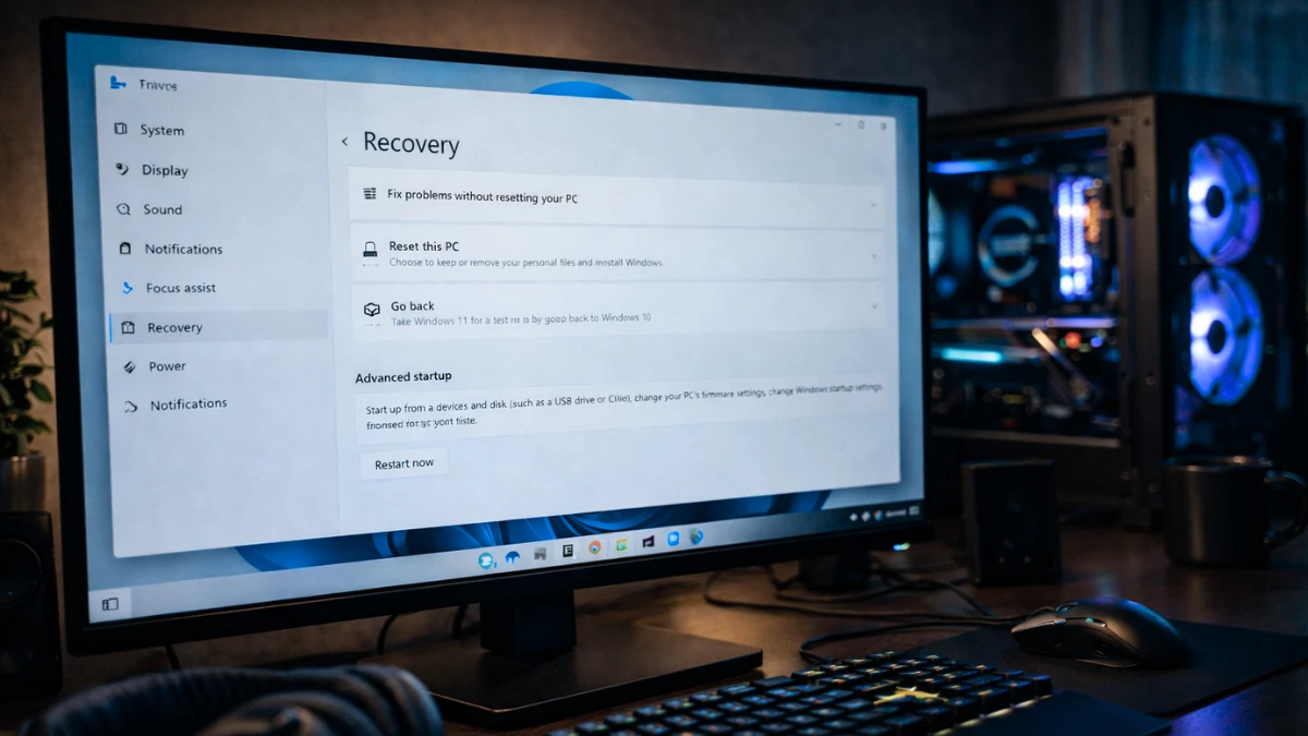 Windows recovery settings screen on gaming workstation fixing update issues
