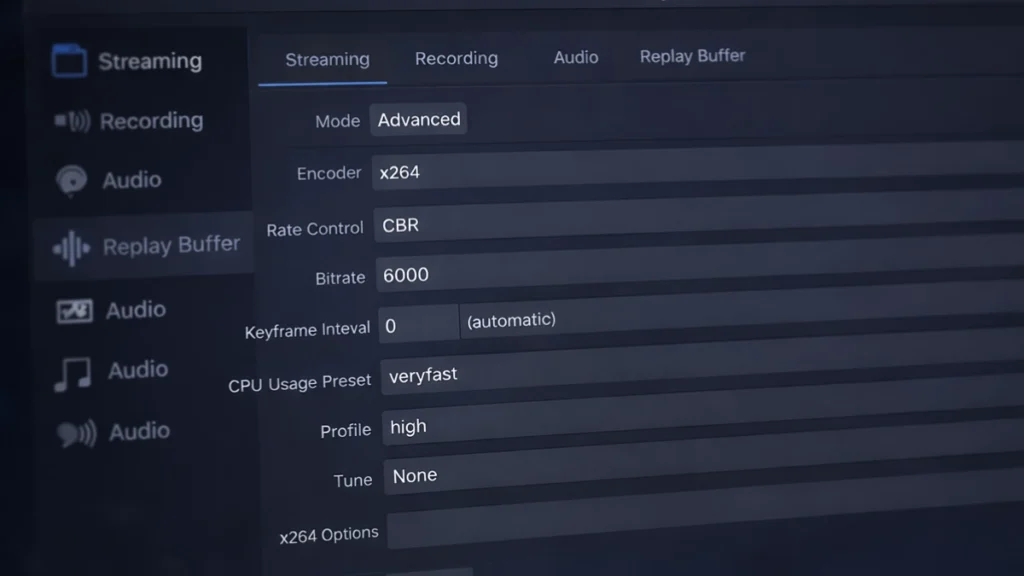Best x264 settings in OBS Studio advanced mode showing 6000 Kbps bitrate and veryfast preset for single and dual PC streaming