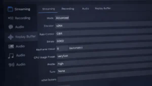 Best x264 settings in OBS Studio advanced mode showing 6000 Kbps bitrate and veryfast preset for single and dual PC streaming