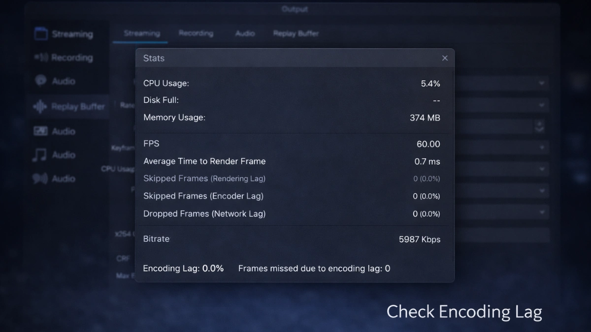 OBS Studio stats window showing 0 percent encoding lag and zero dropped frames during x264 streaming