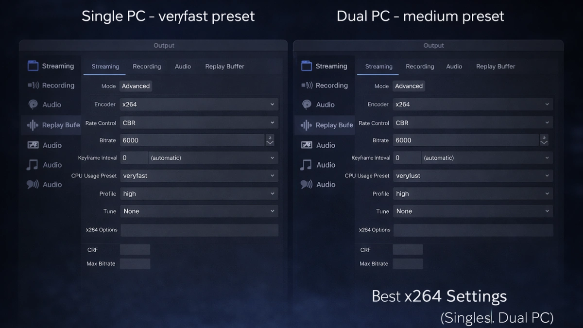 OBS Studio x264 preset comparison showing veryfast for single PC and medium for dual PC streaming
