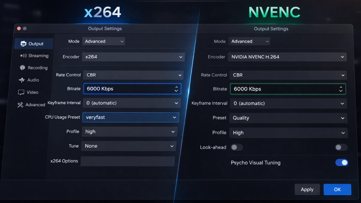 OBS Studio output settings comparison between x264 and NVENC encoders at 6000 Kbps bitrate