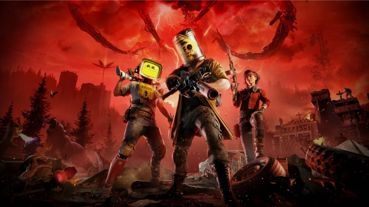 Once Human gameplay showing a survival team ready for battle in a red apocalyptic world with monsters in the background
